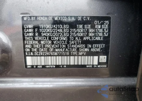 2025 Honda Hr-V Exl from USA, damaged, VIN 3CZRZ2H76SM771518